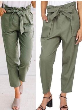 BCBGeneration Olive Twill Cotton Paperbag High Waist Pants